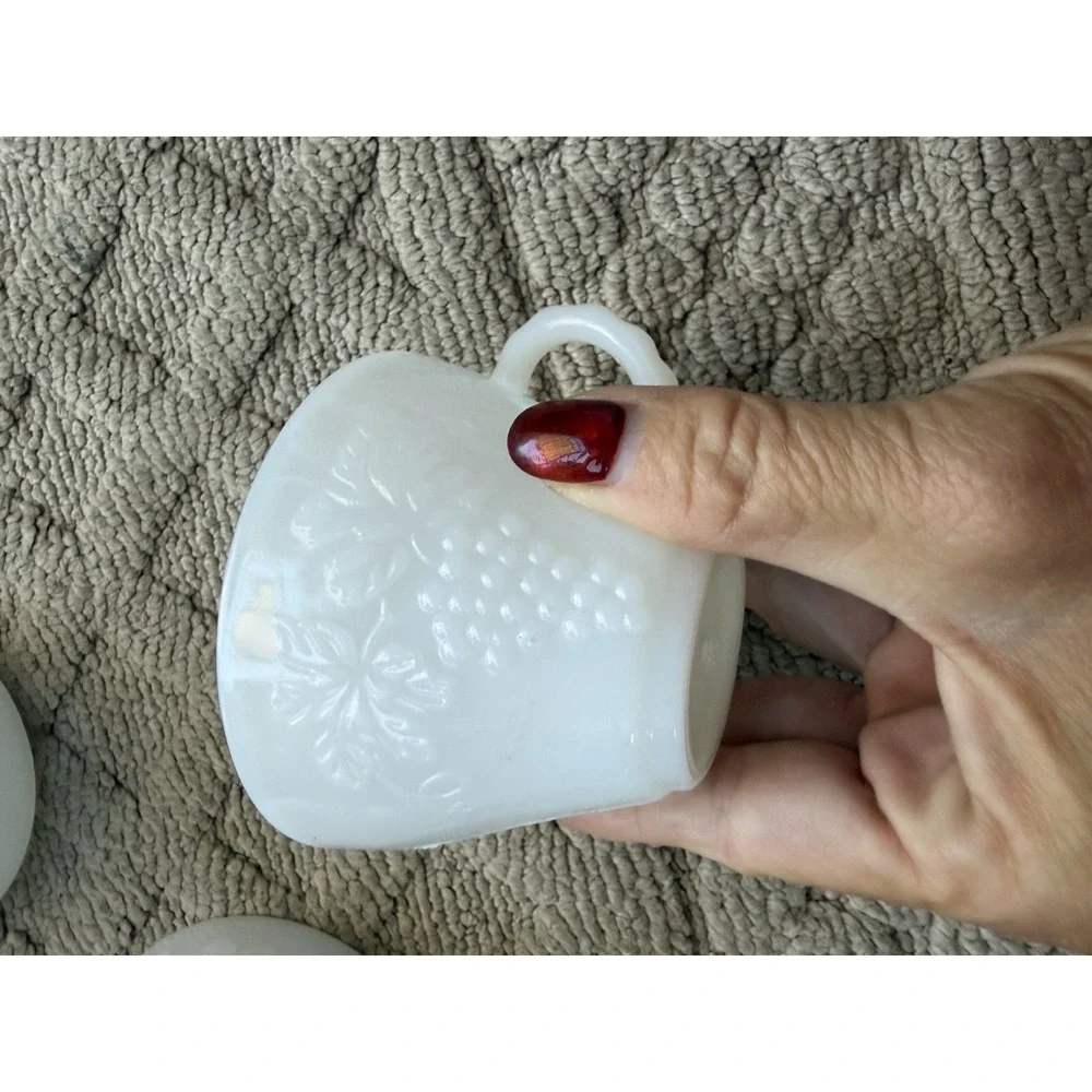 6 White Punch Cups Anchor Hocking Milk Glass Grape Pattern